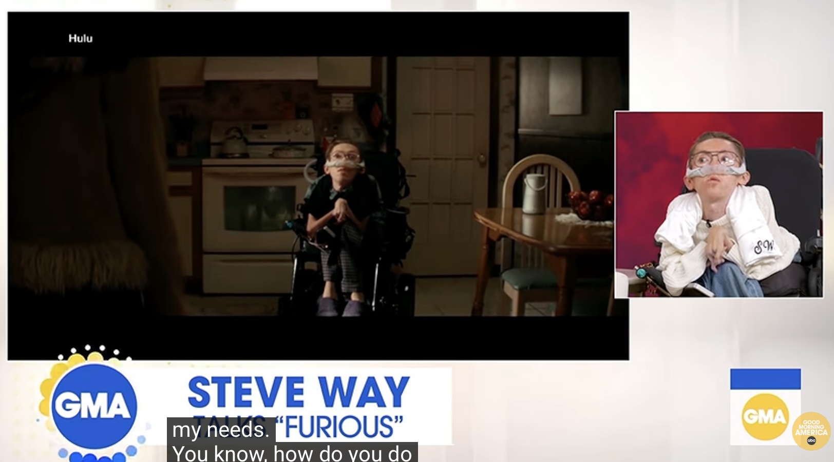 USA telesaates „GMA3“ tutvustab näitleja ja koomik Steve Way oma rolli krimipõnevikus „Furious“. Lihasdüstroofiaga elav Way kehastab sarjas Aldenit ning on tunt